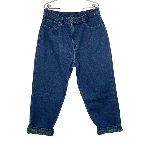 L.L. Bean Women’s Size 18P Double L Relaxed Fit Green Deer Flannel Lined Jeans - Picture 1 of 9